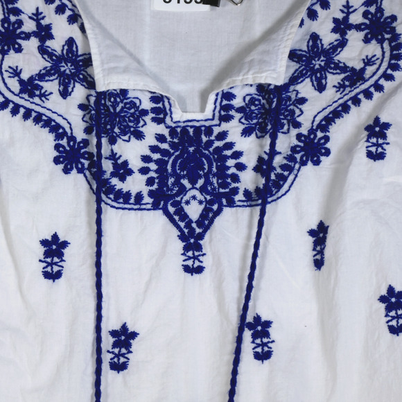Eci Tunic Blouse Womens Small Cotton White with Blue Embroidery Tassels Boho - Picture 4 of 8